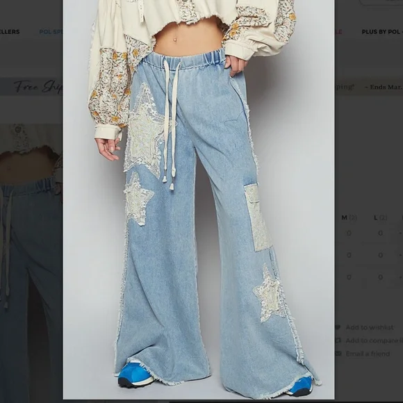 ๐POL โ Sarasota โ POL Denim Wide Leg Pants with Star Patch 68A - Picture 1 of 6